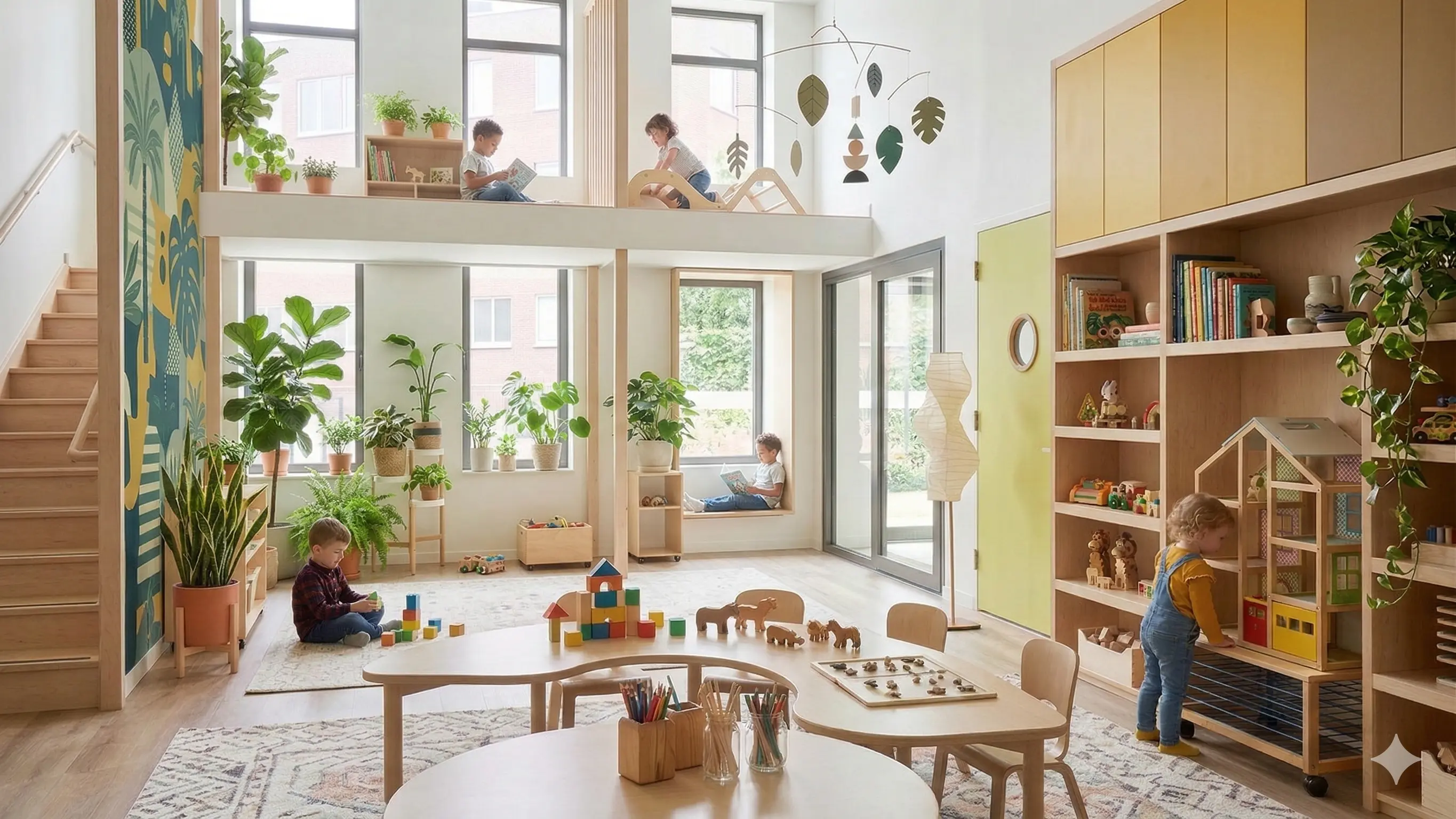 Lichte kinderopvangruimte met grote ramen en speelhoek